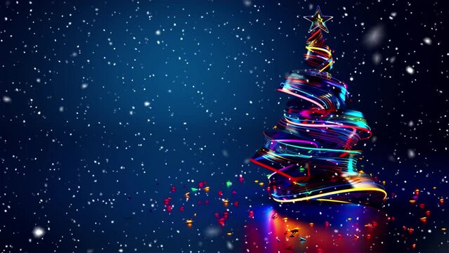 Christmas tree. Neon. Looped Christmas snow. Midnight snowfall. Christmas lights. Looped snow. Generative AI.
