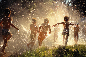 Children playing and splashing in water during sunset