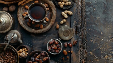 Ramadan Kareem with Dates, Nuts, and Coffee. 2024 Concept