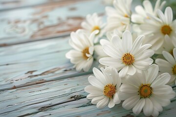 Fototapeta na wymiar white flowers on vintage wooden background, border design. vintage color tone - concept flower of spring or summer background