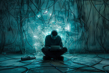 Person immersed in tablet use, surrounded by a tangle of glowing cables, depicting internet addiction - obrazy, fototapety, plakaty