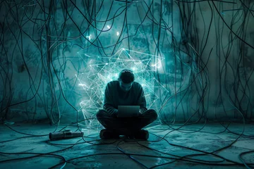 Fototapeten Person immersed in tablet use, surrounded by a tangle of glowing cables, depicting internet addiction © alphaspirit