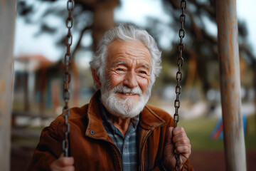 happy elderly retired man swings on swing in park in the summer outdoors