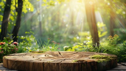 tree trunk wood podium display for food perfume and other products on nature background farm with grass and tree sunlight at morning ,