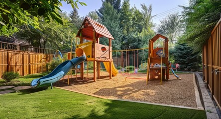 A Warm and Welcoming Backyard for Kids, Offering a Fun Playground Amidst a Landscape of Lawn and Trees