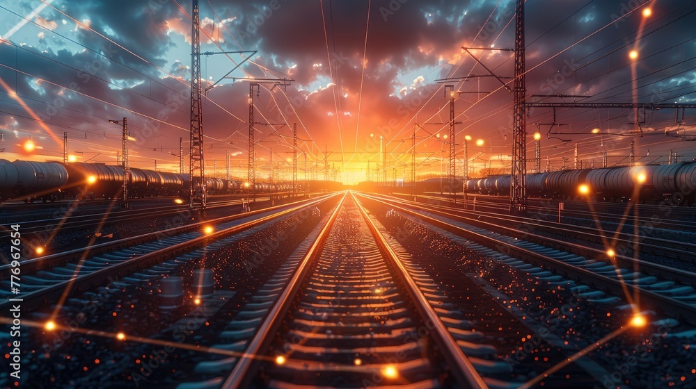 Leinwandbilder a railway infrastructure in sunrise with many rail tracks, with symbols representing digital station