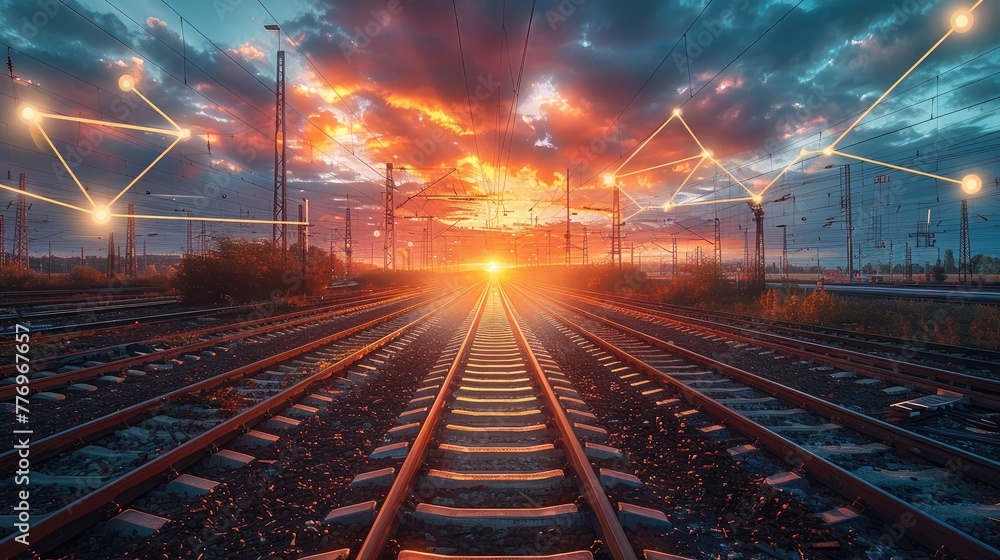 Poster a railway infrastructure in sunrise with many rail tracks, with symbols representing digital station