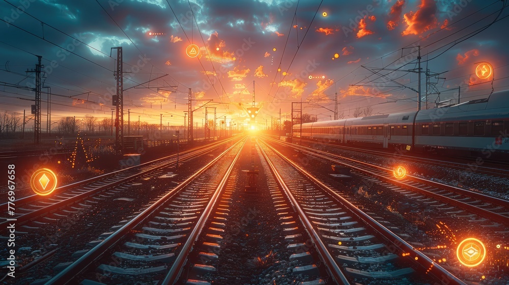 Leinwandbilder a railway infrastructure in sunrise with many rail tracks, with symbols representing digital station