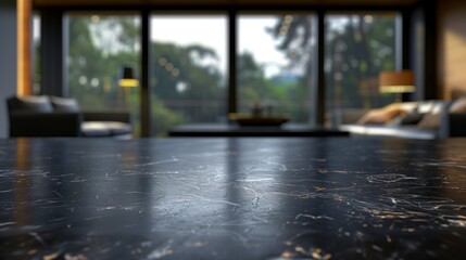 blank black marble tabletop counter on a Defocused living room Background with copy space