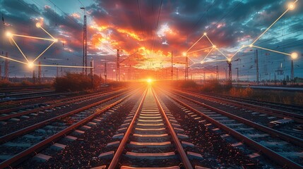 A railway infrastructure in sunrise with many rail tracks, With symbols representing digital station like cloud, artificial intelligence. Generative AI. - obrazy, fototapety, plakaty