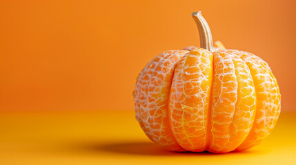 Peeled tangerine shaped like a pumpkin on a minimal orange background. Minimal food idea. Banner with copy space. Product shoot