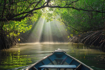 Boat on a tranquil river in a mangrove forest