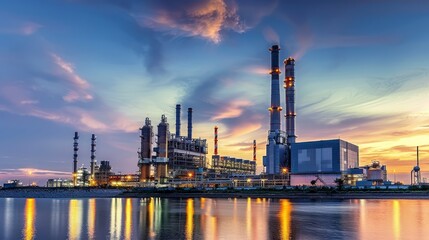 Fototapeta premium The Illuminated Power of a Plant Serving the Industrial Estate as Evening Falls