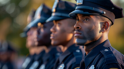Partial view of uniformed police officers standing in line, faces blurred, focus on uniforms - obrazy, fototapety, plakaty