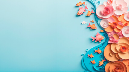 flat lay background concept with goldfish and summer vacation flowers with top view and copy space, top view. creative minimal banner on colorful sea theme flat background