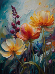 Oil-painted flowers in an abstract garden, their colors blooming and swirling on canvas with artistic flair.
