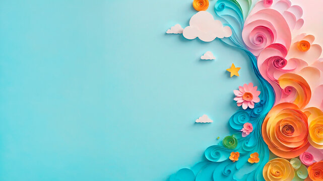 flat lay background concept with clouds and paper flowers for summer vacation with top view and copy space, top view. creative minimal banner on colorful flat background