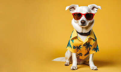 Dog in sunglasses and Hawaiian shirt on yellow background with space for text, summer, traveling.