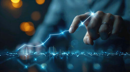 Businessman touching glowing upward arrow on virtual screen, a growing graph showing business growth in the concept with the businessman pointing at a positive line chart. Generative AI.