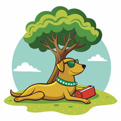 T-shirt sticker featuring a relaxed dog lounging under a shaded tree, soaking up the sun