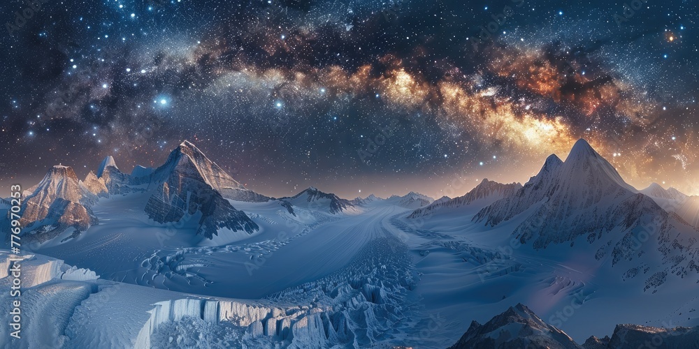 Poster a massive glacier in the mountains viewed from above with the milky way in the starry sky. generativ