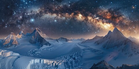 A massive glacier in the mountains viewed from above with the milky way in the starry sky. Generative AI. - obrazy, fototapety, plakaty