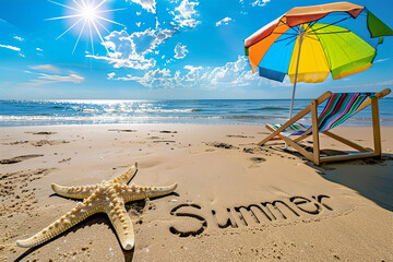 Beach scene with Summer written in the sand