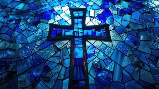 Christian cross depicted in a stained glass window

