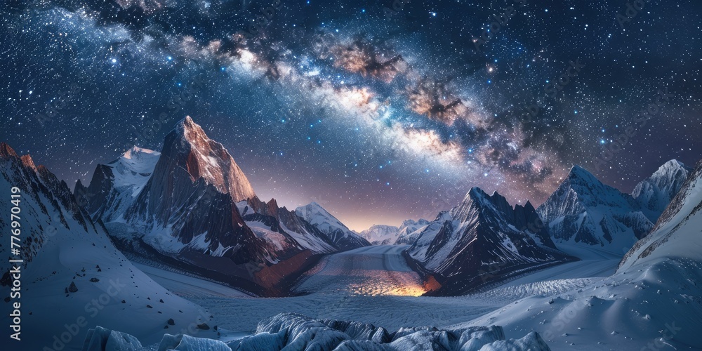 Poster a massive glacier in the mountains viewed from above with the milky way in the starry sky. generativ