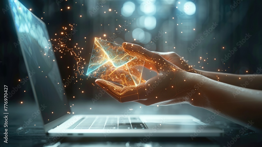 Aufkleber information technology concept, 3d holographic projection of a hand holding an envelope coming out o