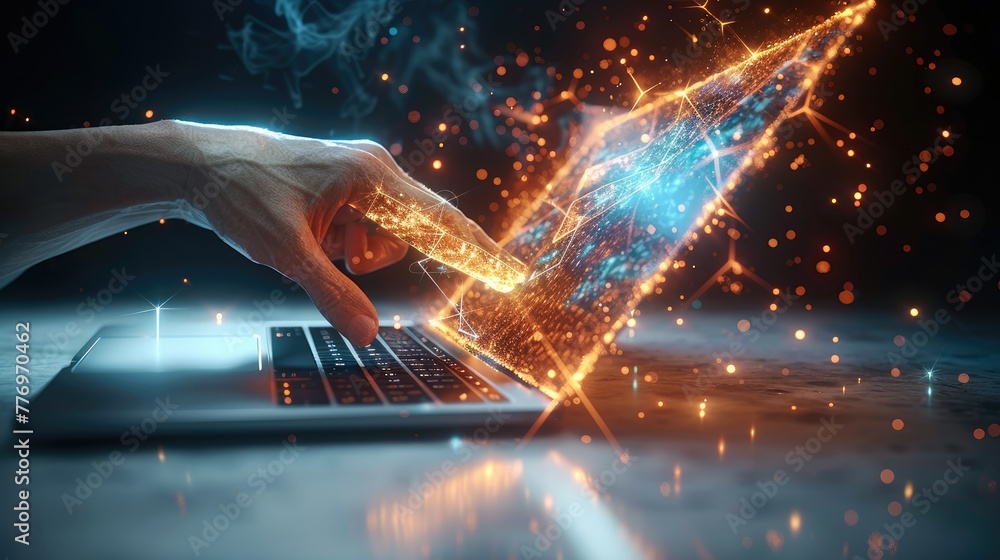 Poster information technology concept, 3d holographic projection of a hand holding an envelope coming out o