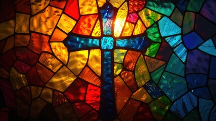 Christian cross depicted in a stained glass window
