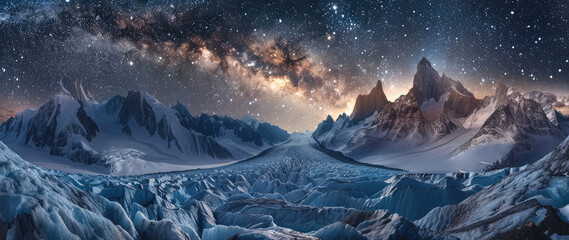 A massive glacier in the mountains viewed from above with the milky way in the starry sky....