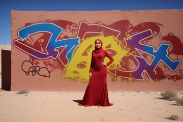 Arab muslim street artist woman wearing red hijab and abaya in front of graffity wall in the desert