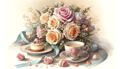 Fototapeta na wymiar Watercolor Painting of Roses with Tea and Dessert.