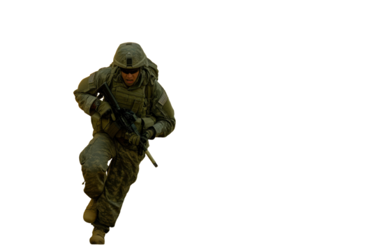 Running armed soldier with weapon on isolated white transparent background