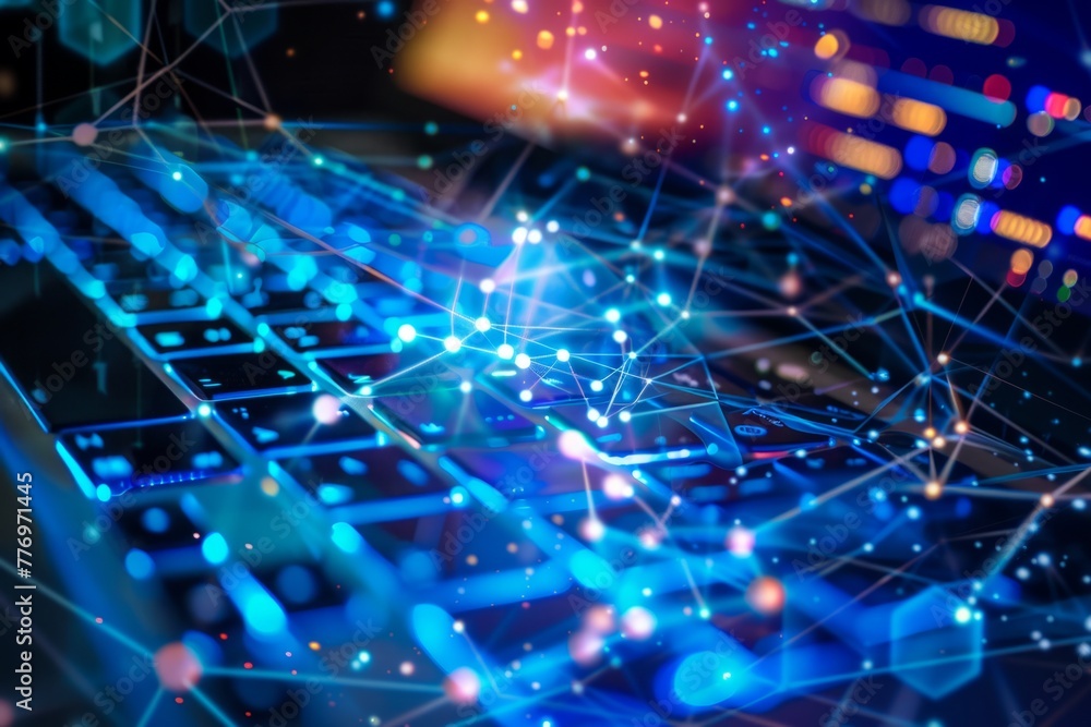 Poster close-up of a laptop keyboard with glowing network graphics illustrating modern internet technologie