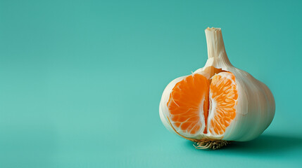 Head of garlic made of peeled tangerine like cloves on a turquoise background. Minimal food concept. Web banner with empty space fot text. 