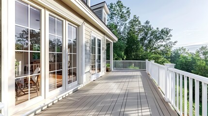 The Graceful Siding House and Its Spacious Walkout Deck, Accented by an Open White Door's View