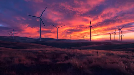 Rolgordijnen Photograph of wind turbines set against a captivating sunrise backdrop. Concept of sustainable energy generation © Caelestiss