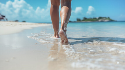 woman legs walking barefoot along a beautiful beach - 776972440