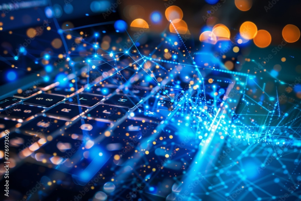 Poster abstract laptop keyboard with glowing blue network lines symbolizing internet connectivity