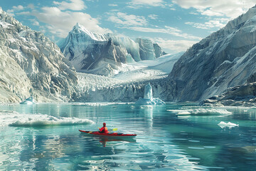 Red kayak in icy blue waters among towering glaciers - obrazy, fototapety, plakaty