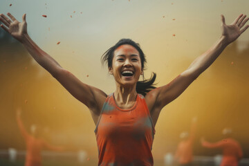 Marathon champion, A happy and determined female athlete triumphantly crosses the finish line, celebrating her first place victory in a track race. Generative AI.