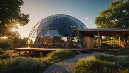 Retro-modern geodesic dome house boasting a kaleidoscope of solar panels, reminiscent of a futuristic utopia nestled in the countryside. - obrazy, fototapety, plakaty