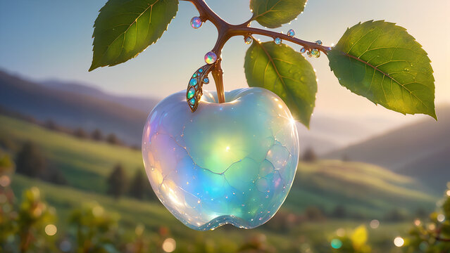 a delicate apple made of opal hung on branch  in the early morning light