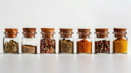 A meticulously aligned row of spice jars with different herbs and spices shown against a plain white background