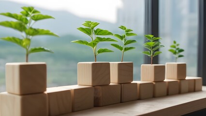 Timber cube with growing plant