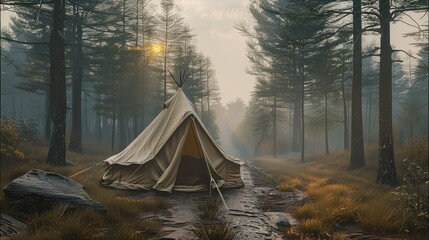 A small tent next to an old road and there is a forest. Generative AI.