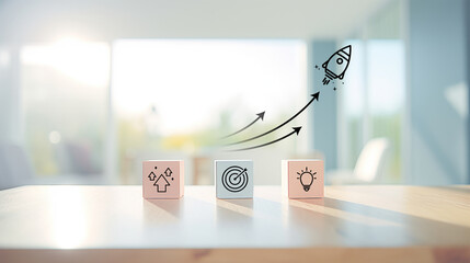 Rocket launching from wood cube with business icon, Start-up, Creativity, Big idea, Business goals management, Investment on new project to wealth, Company strategy target, Sustainable financial plan